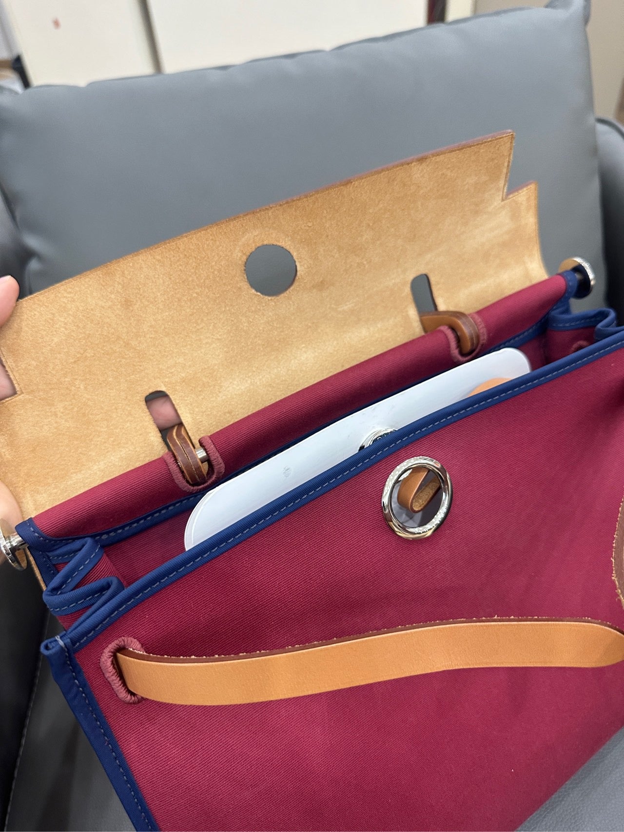 Hermès - Herbag 31 - Toile Officier canvas with Vachetta leather trim - Rouge H (Red) canvas with natural (Camel) leather and Blue piping - (medium)
