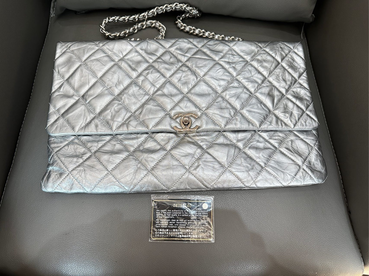 Chanel - Large Quilted Flap Bag - Metallic Crinkled Calfskin Leather - Silver - (Large)