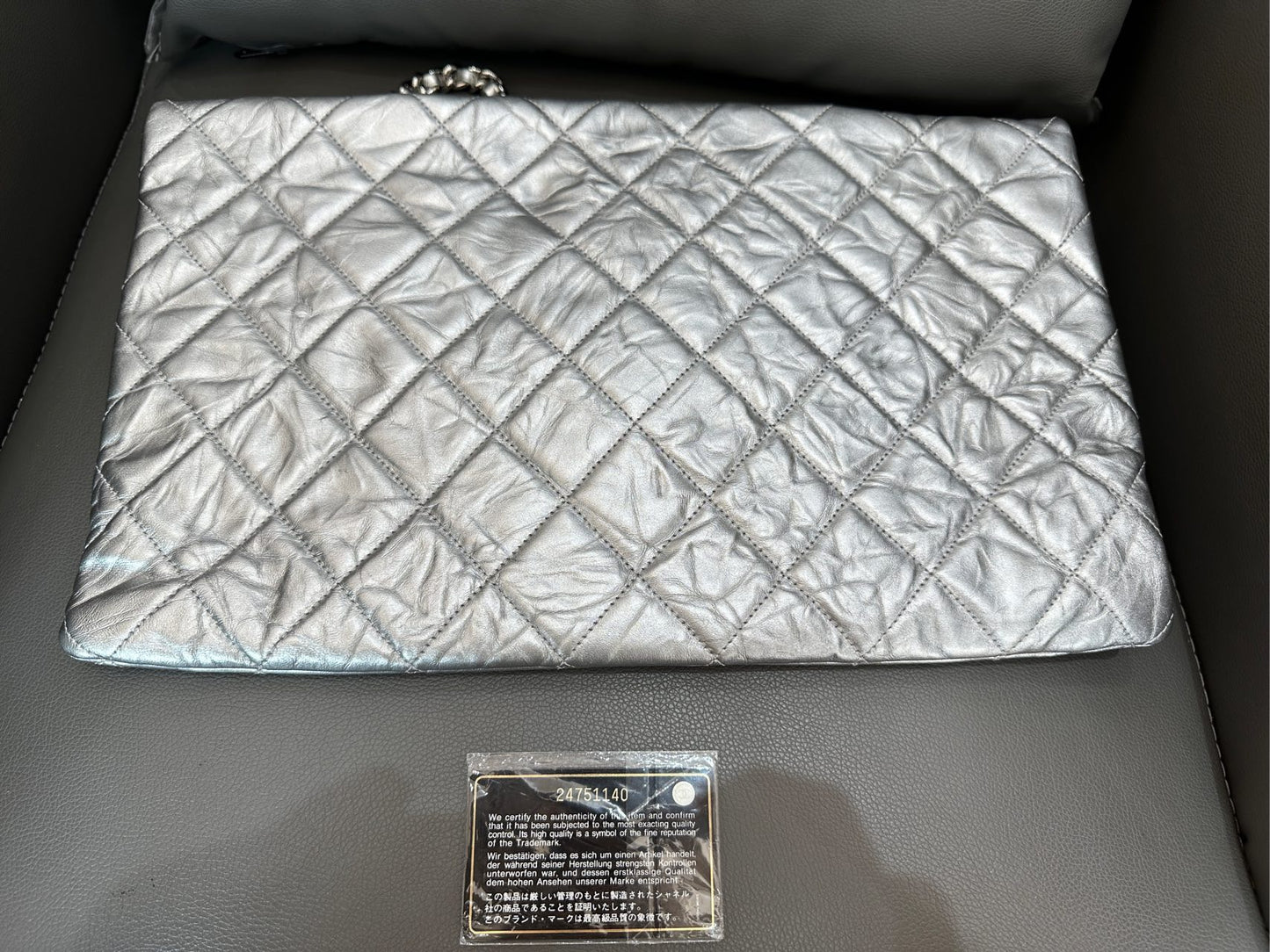 Chanel - Large Quilted Flap Bag - Metallic Crinkled Calfskin Leather - Silver - (Large)