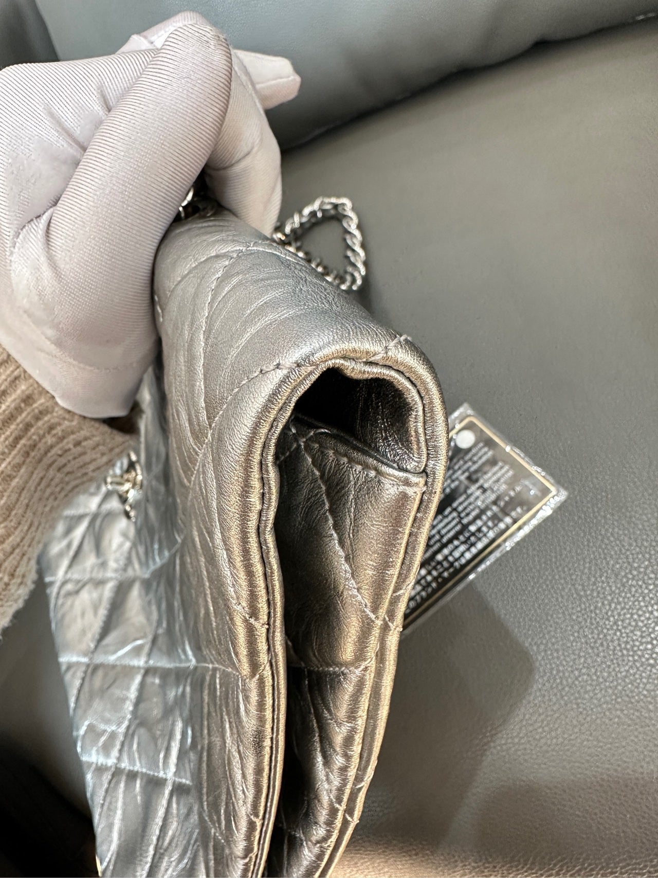 Chanel - Large Quilted Flap Bag - Metallic Crinkled Calfskin Leather - Silver - (Large)