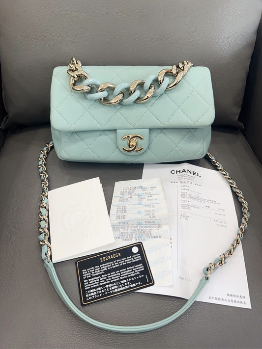 Chanel - Resort Collection Enamel Chain Flap Bag - Lambskin leather - Light Blue - (Small)