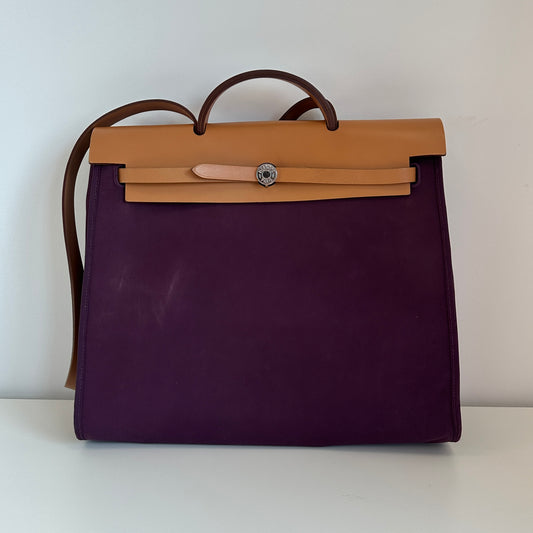 Hermès - Herbag Zip Retourne 39 - Toile canvas and Vache Hunter leather - Purple with Brown trim and Silver-Tone Hardware - (large)