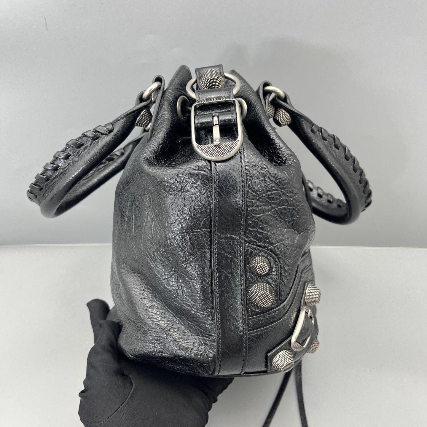 Balenciaga - Motorcycle Bucket Bag - Distressed lambskin leather - Black - (Medium)