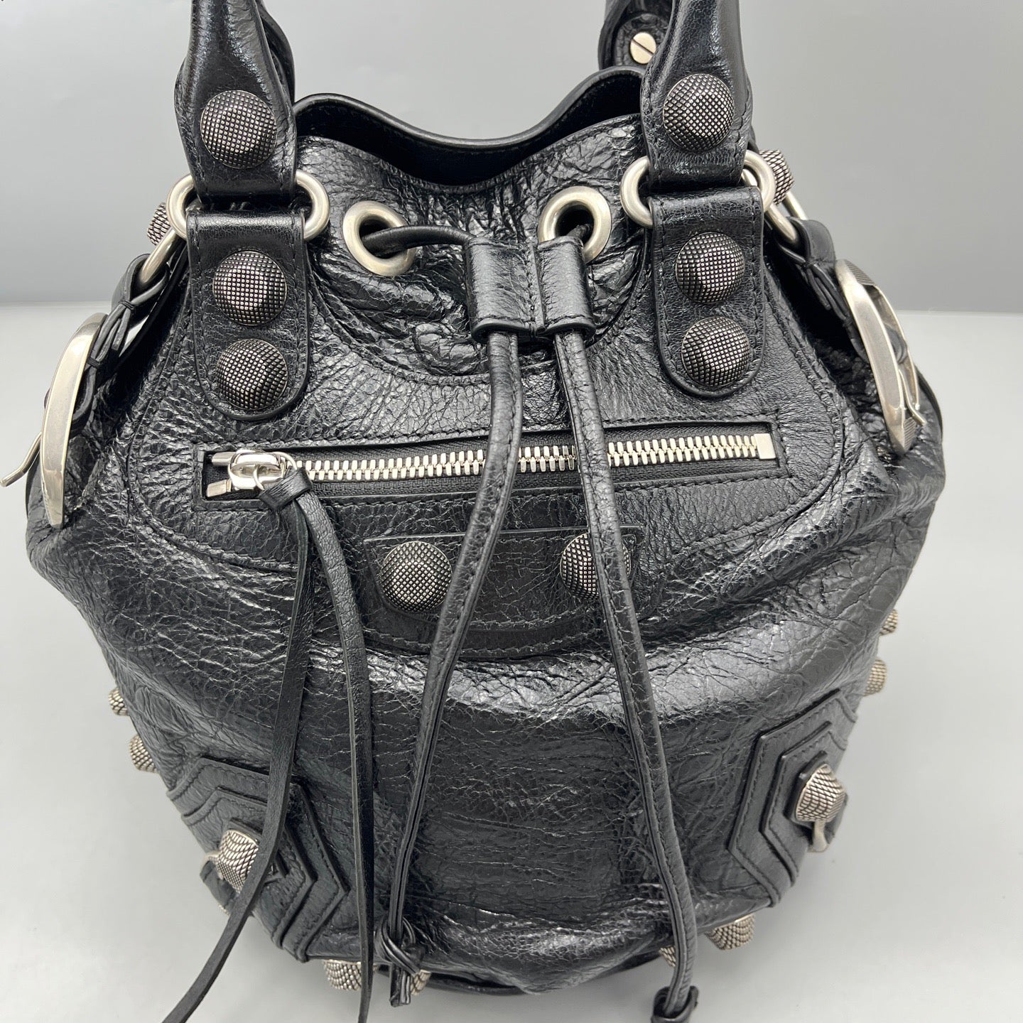 Balenciaga - Motorcycle Bucket Bag - Distressed lambskin leather - Black - (Medium)