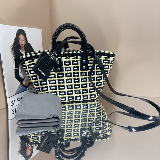 Balenciaga - Bistro Basket with Strap - Woven plastic with patent leather trim - Black, White and Yellow - (Small)