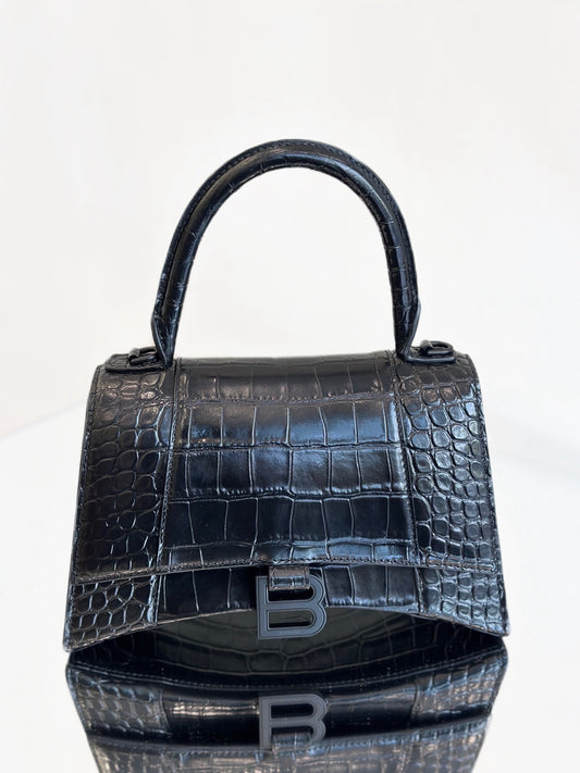 Balenciaga - Hourglass Bag - Calfskin leather with crocodile embossing - Black - (small)