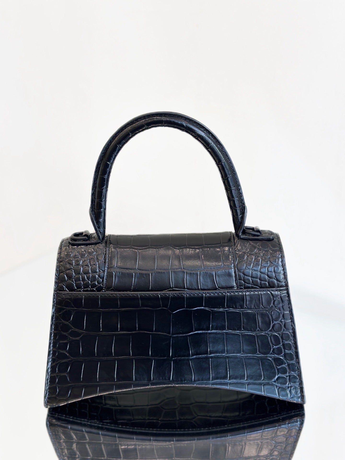 Balenciaga - Hourglass Bag - Calfskin leather with crocodile embossing - Black - (small)