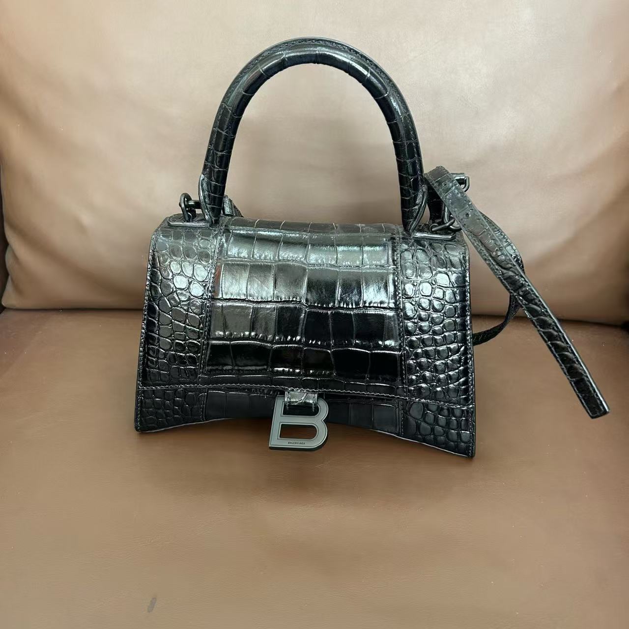 Balenciaga - Hourglass Bag - Crocodile-embossed calfskin leather - Black - (XS)