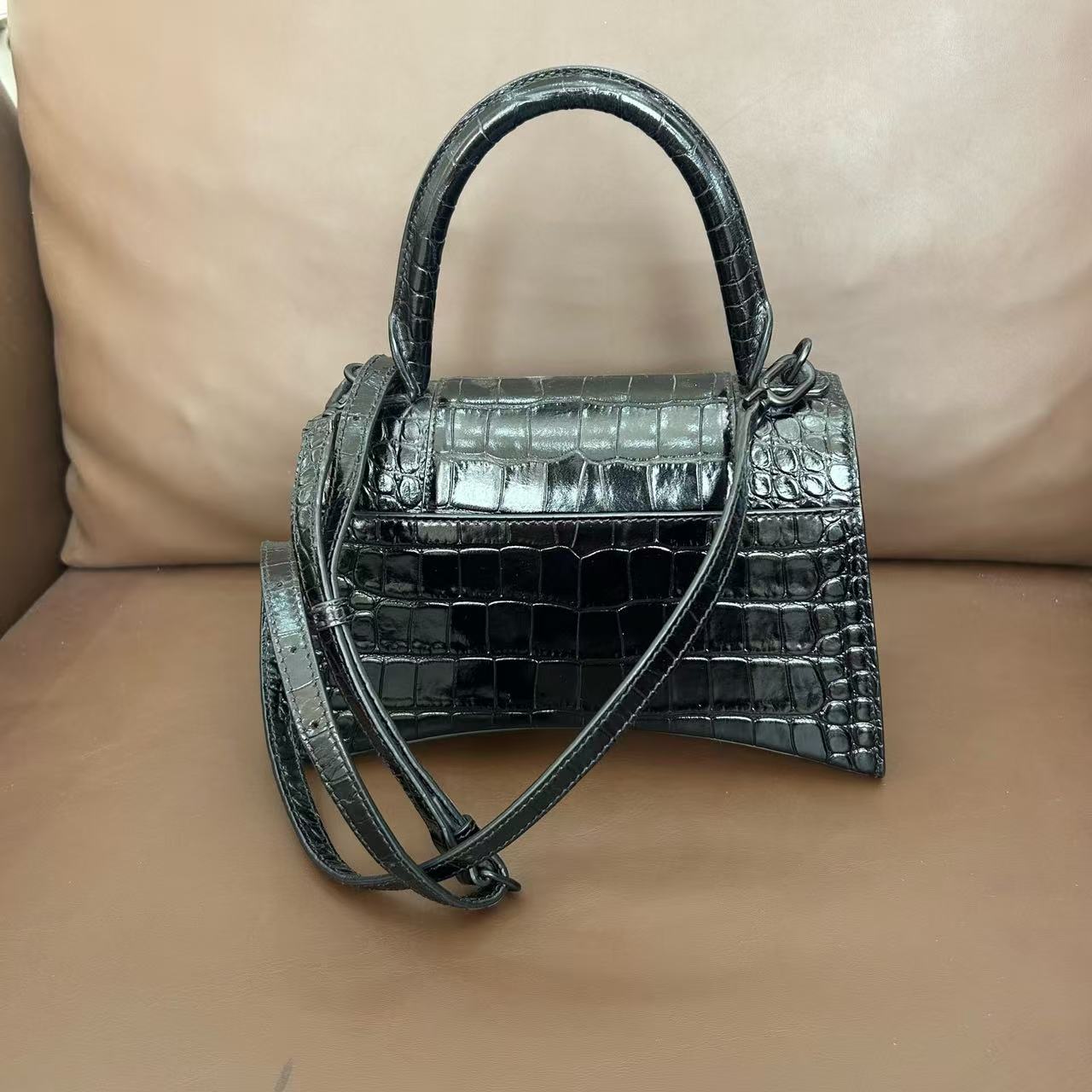 Balenciaga - Hourglass Bag - Crocodile-embossed calfskin leather - Black - (XS)
