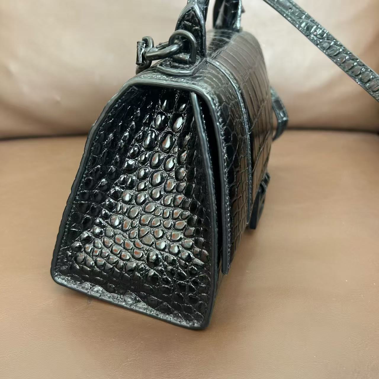 Balenciaga - Hourglass Bag - Crocodile-embossed calfskin leather - Black - (XS)