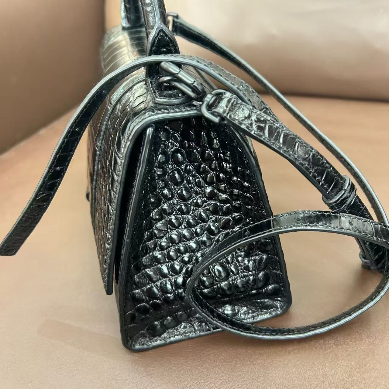 Balenciaga - Hourglass Bag - Crocodile-embossed calfskin leather - Black - (XS)