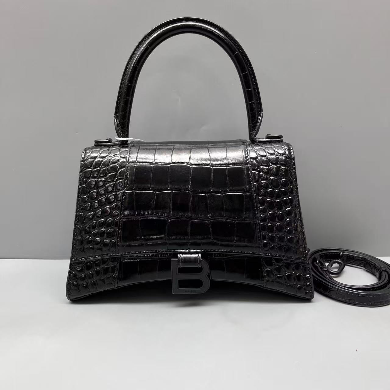 Balenciaga - Hourglass Bag - Crocodile embossed leather - Black - (Small)