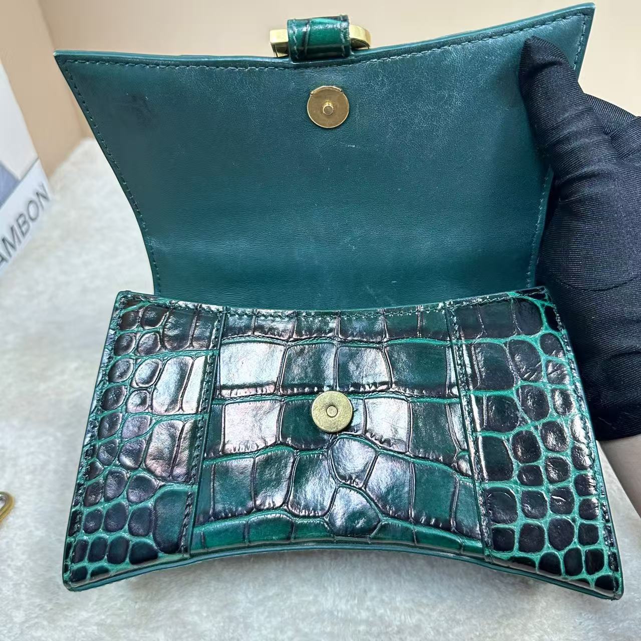 Balenciaga - Hourglass - Calfskin leather with crocodile embossing - Green with black detailing - (mini)