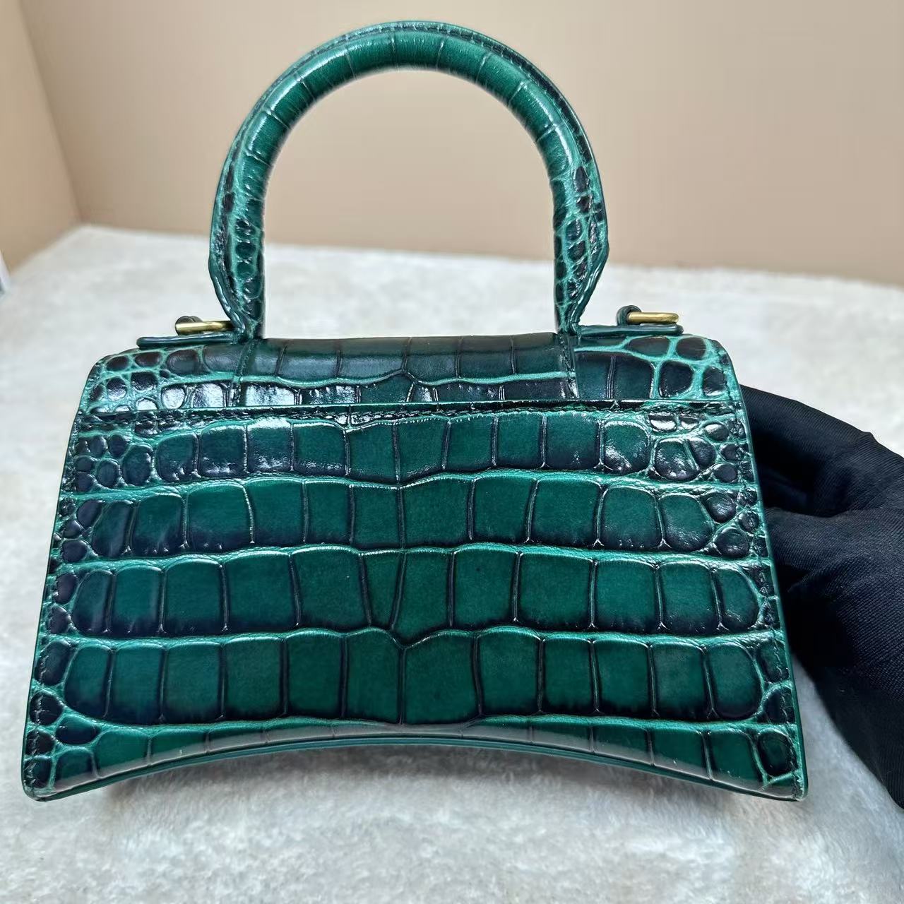 Balenciaga - Hourglass - Calfskin leather with crocodile embossing - Green with black detailing - (mini)