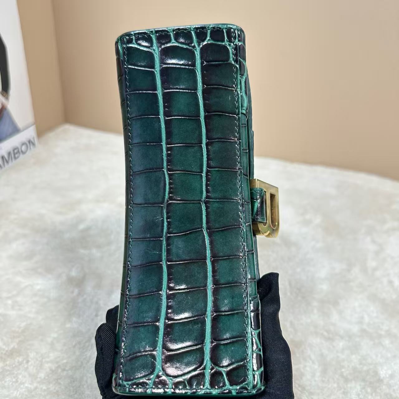 Balenciaga - Hourglass - Calfskin leather with crocodile embossing - Green with black detailing - (mini)