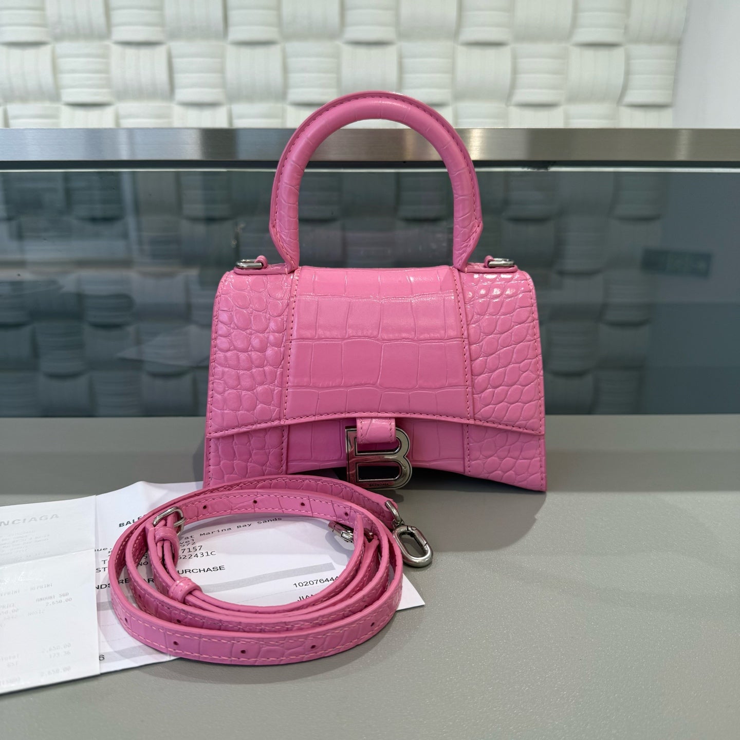 Balenciaga - Hourglass - Calfskin leather with crocodile embossing - Pink - (XS)