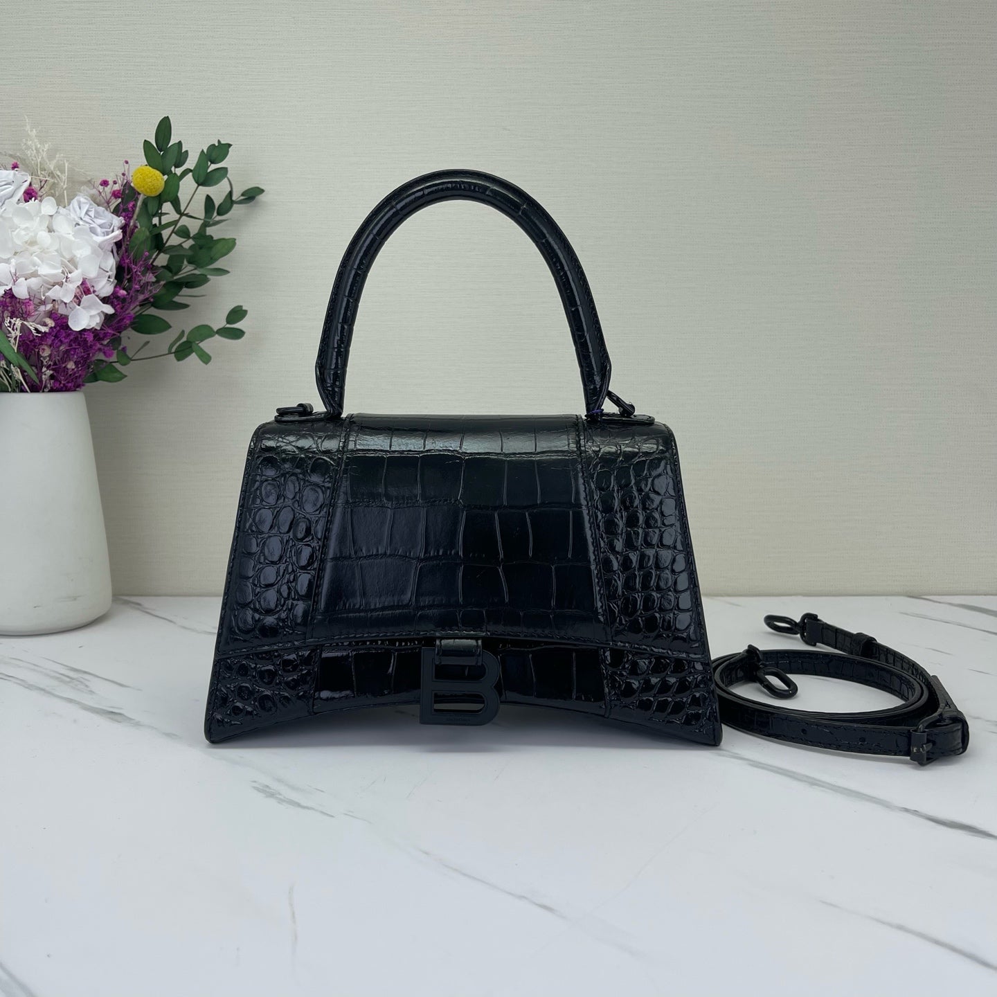 Balenciaga - Hourglass - Croc-embossed patent leather - Black - (small)