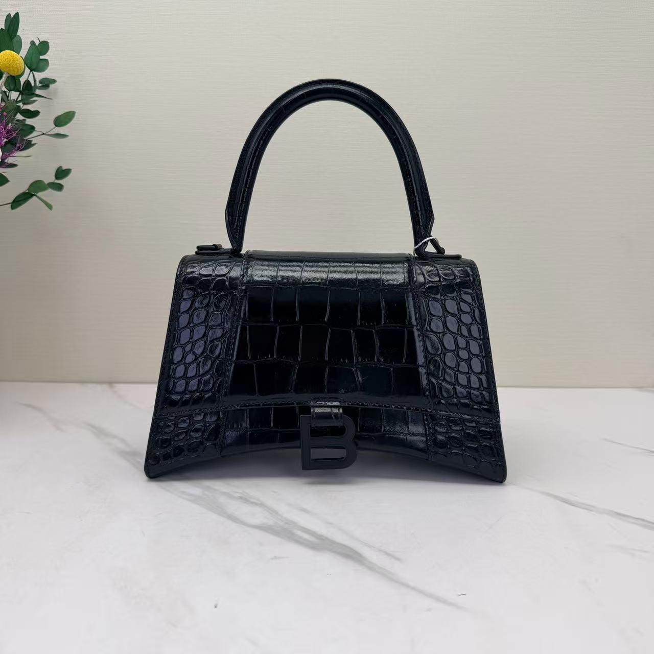 Balenciaga - Hourglass - Crocodile embossed calfskin leather - Black - (Small)