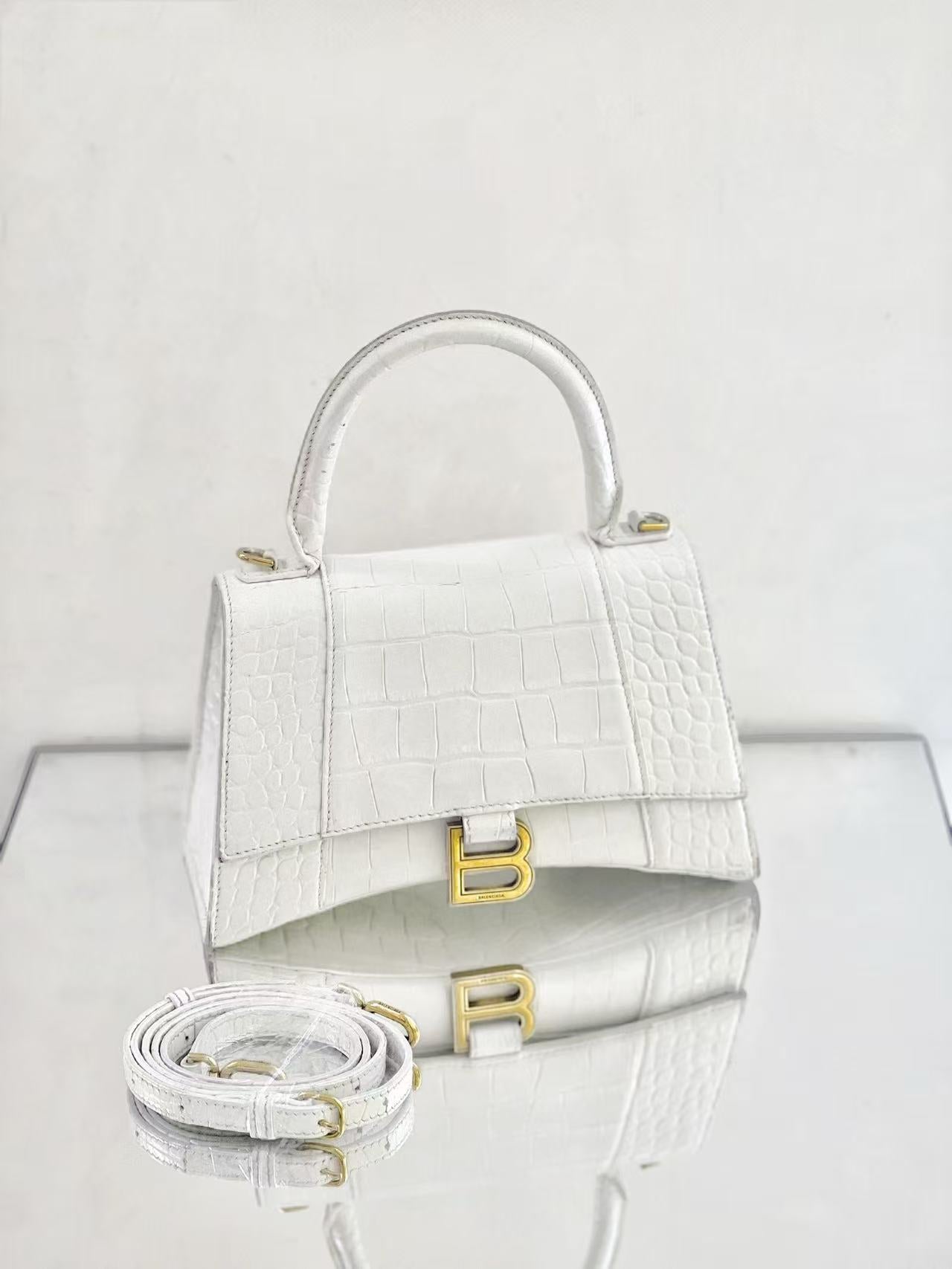 Balenciaga - Hourglass - Crocodile-embossed cowhide leather - White with Gold-Tone Hardware - (Small)