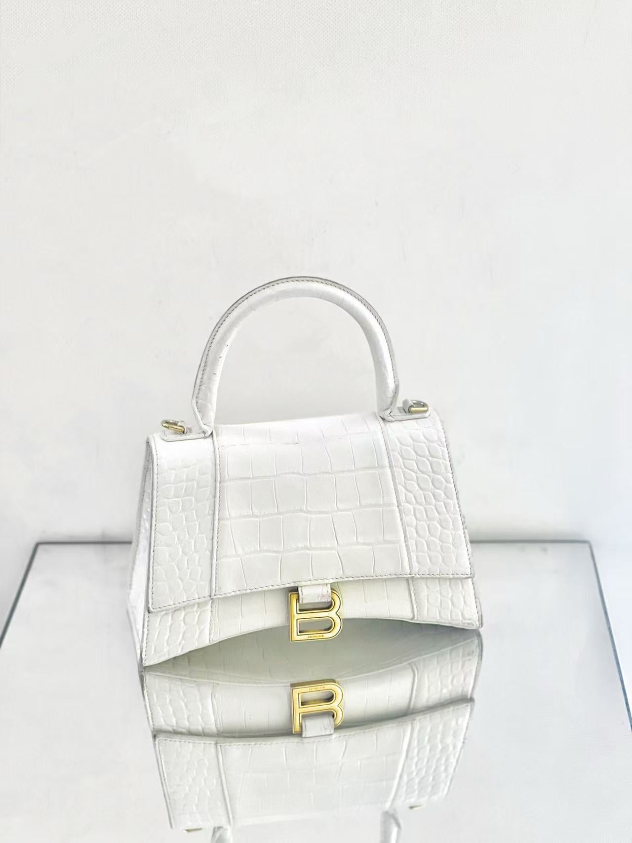 Balenciaga - Hourglass - Crocodile-embossed cowhide leather - White with Gold-Tone Hardware - (Small)