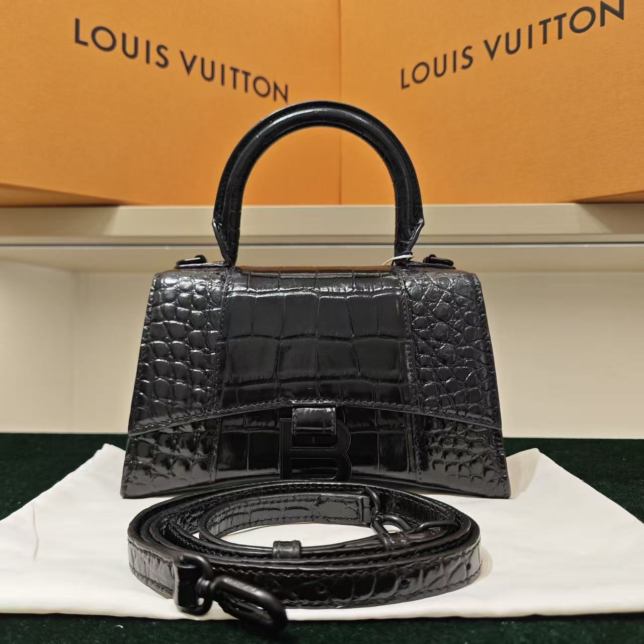 Balenciaga - Hourglass Mini - Exotic crocodile leather - Black - (mini)