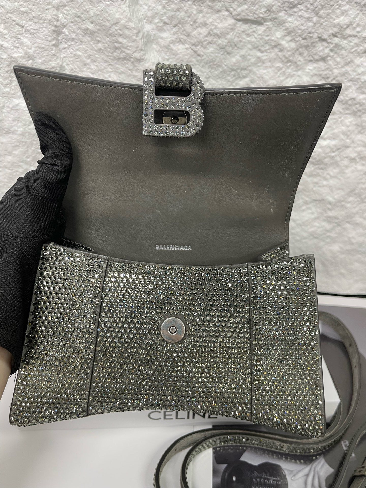 Balenciaga - Hourglass Mini - Leather with rhinestone embellishment - Silver - (mini)