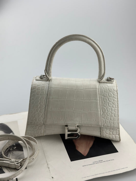 Balenciaga - Hourglass S - Leather with crocodile embossing - White - (small)