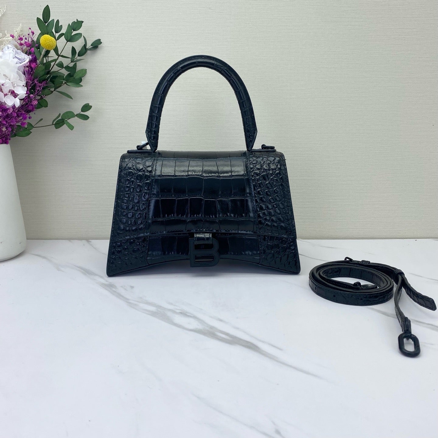 Balenciaga - Hourglass Small Top Handle Bag - Crocodile embossed leather - Black - (small)