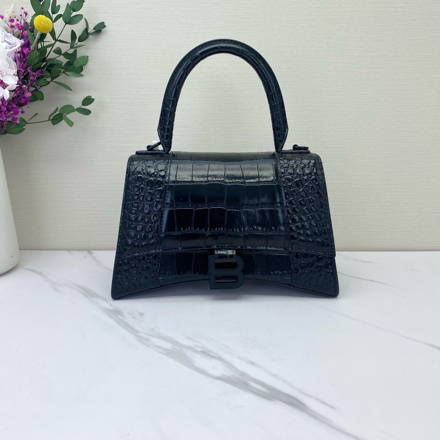 Balenciaga - Hourglass Small Top Handle Bag - Crocodile embossed leather - Black - (small)