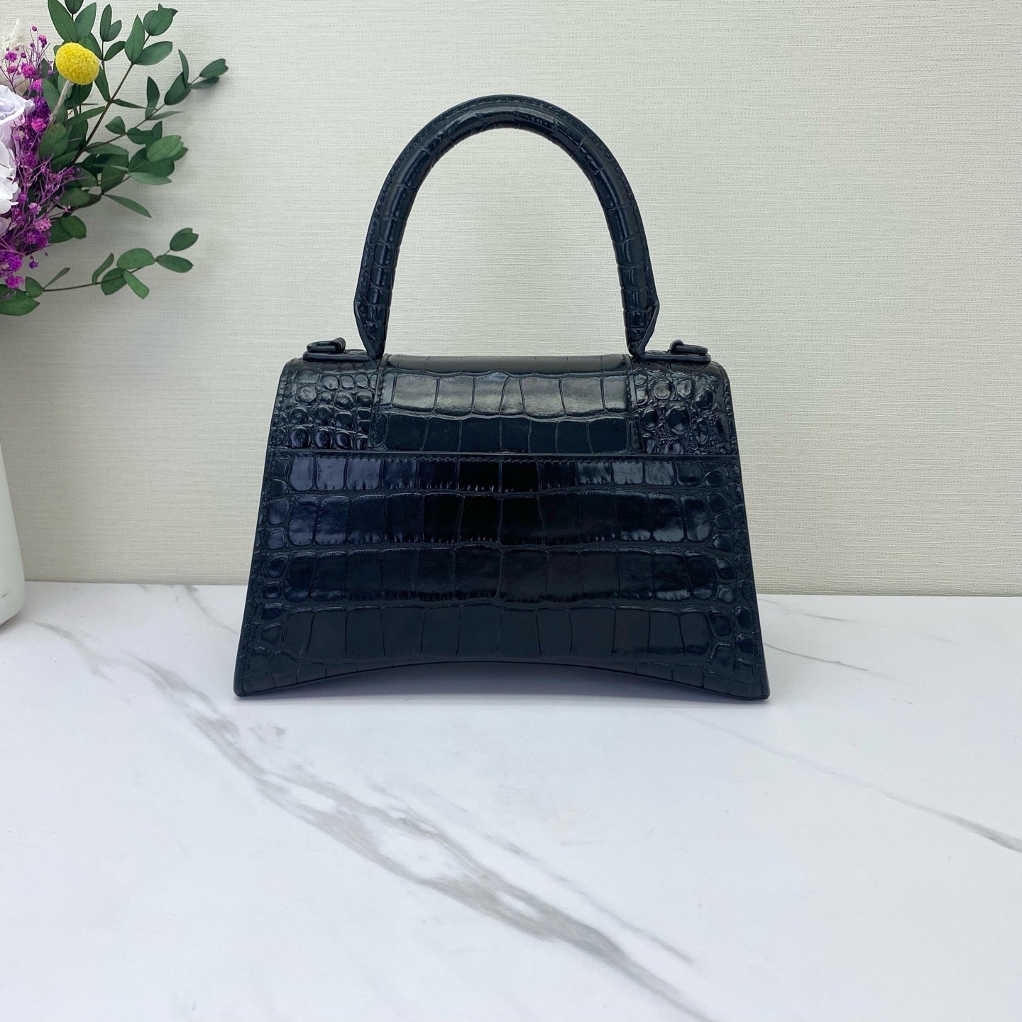 Balenciaga - Hourglass Small Top Handle Bag - Crocodile embossed leather - Black - (small)