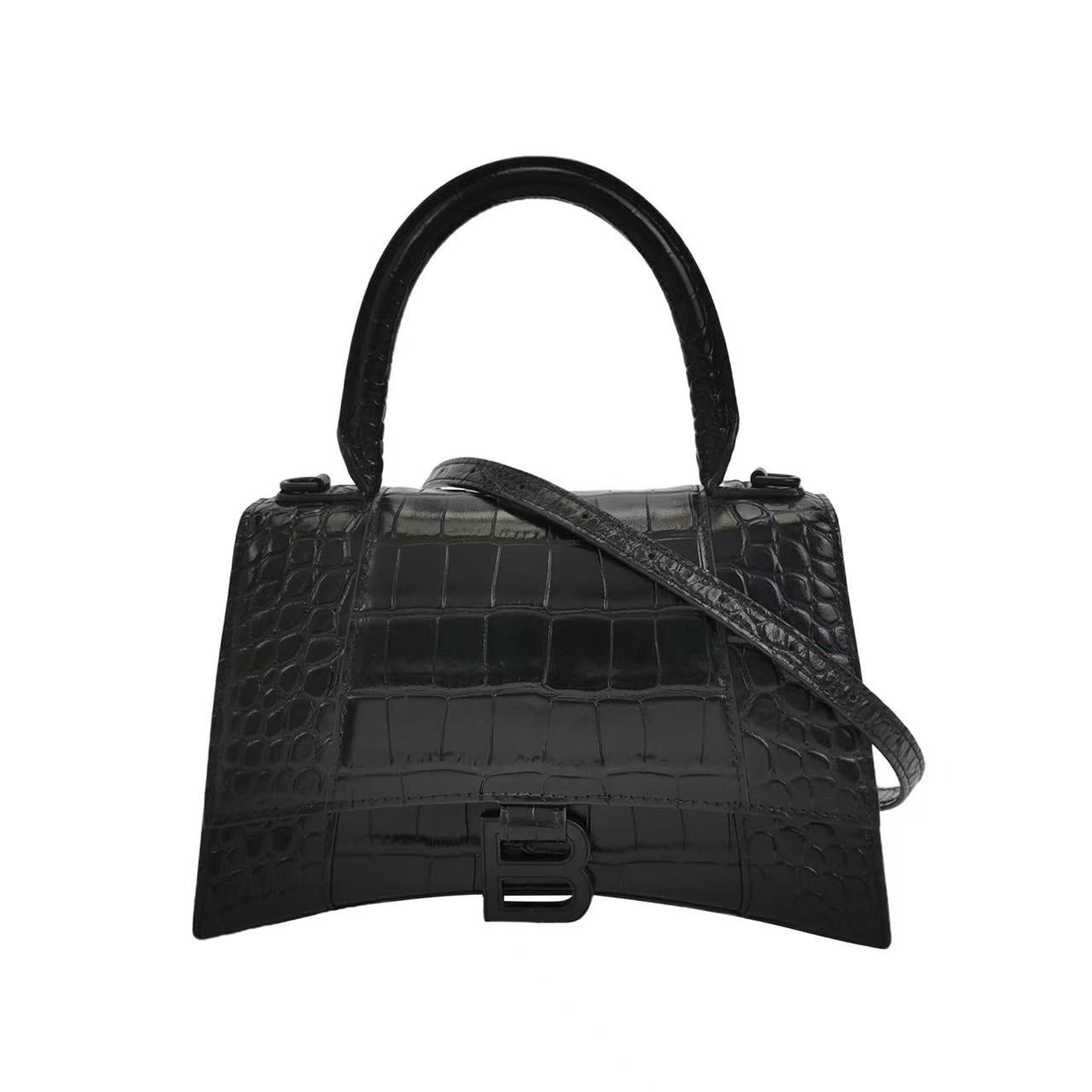 Balenciaga - Hourglass Top Handle Bag - Calfskin leather, crocodile embossed - Black - (Small)