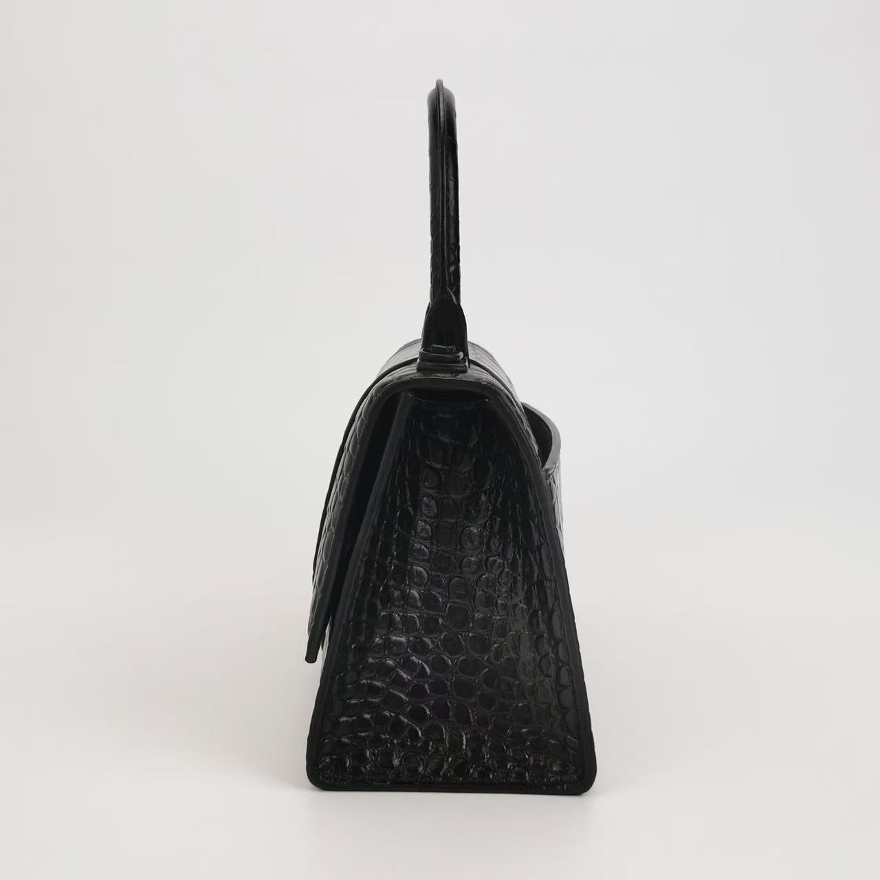 Balenciaga - Hourglass Top Handle Bag - Calfskin leather, crocodile embossed - Black - (Small)