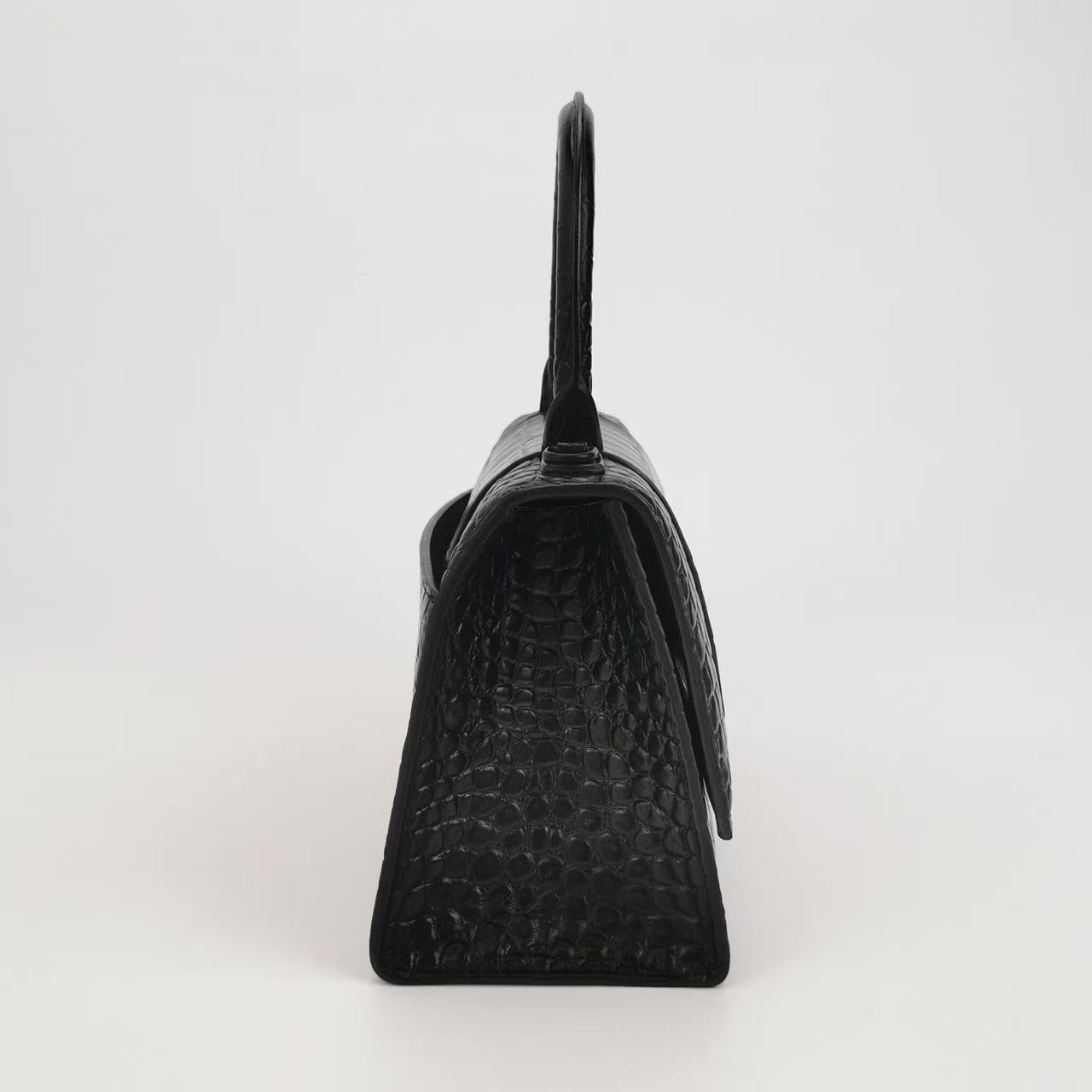 Balenciaga - Hourglass Top Handle Bag - Calfskin leather, crocodile embossed - Black - (Small)