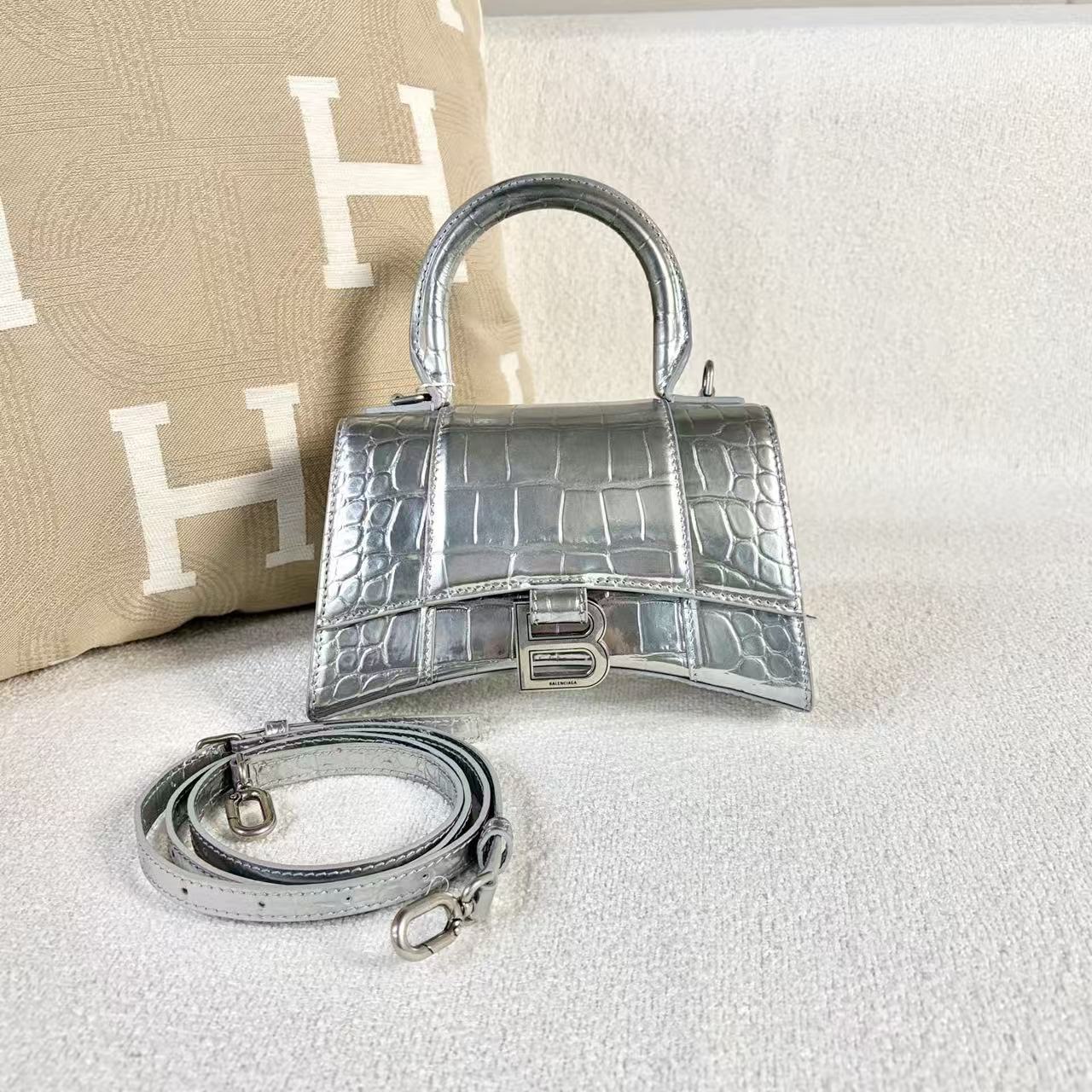 Balenciaga - Hourglass XS - Crocodile embossed cowhide leather - Silver - (mini)