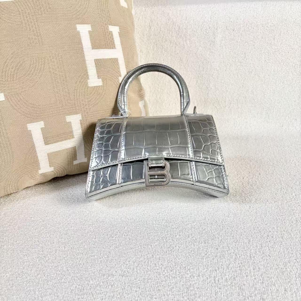Balenciaga - Hourglass XS - Crocodile embossed cowhide leather - Silver - (mini)