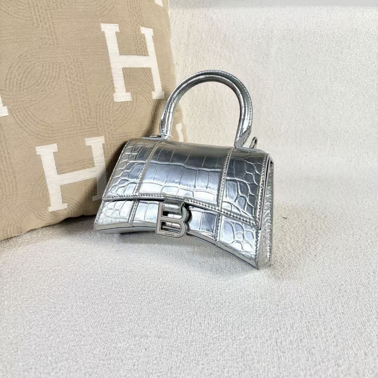 Balenciaga - Hourglass XS - Crocodile embossed cowhide leather - Silver - (mini)