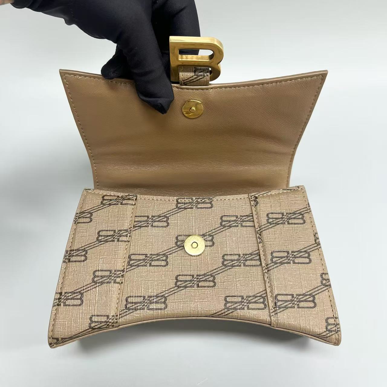 Balenciaga - Hourglass XS - Leather with BB monogram print - Beige with Dark Brown accents - (mini)