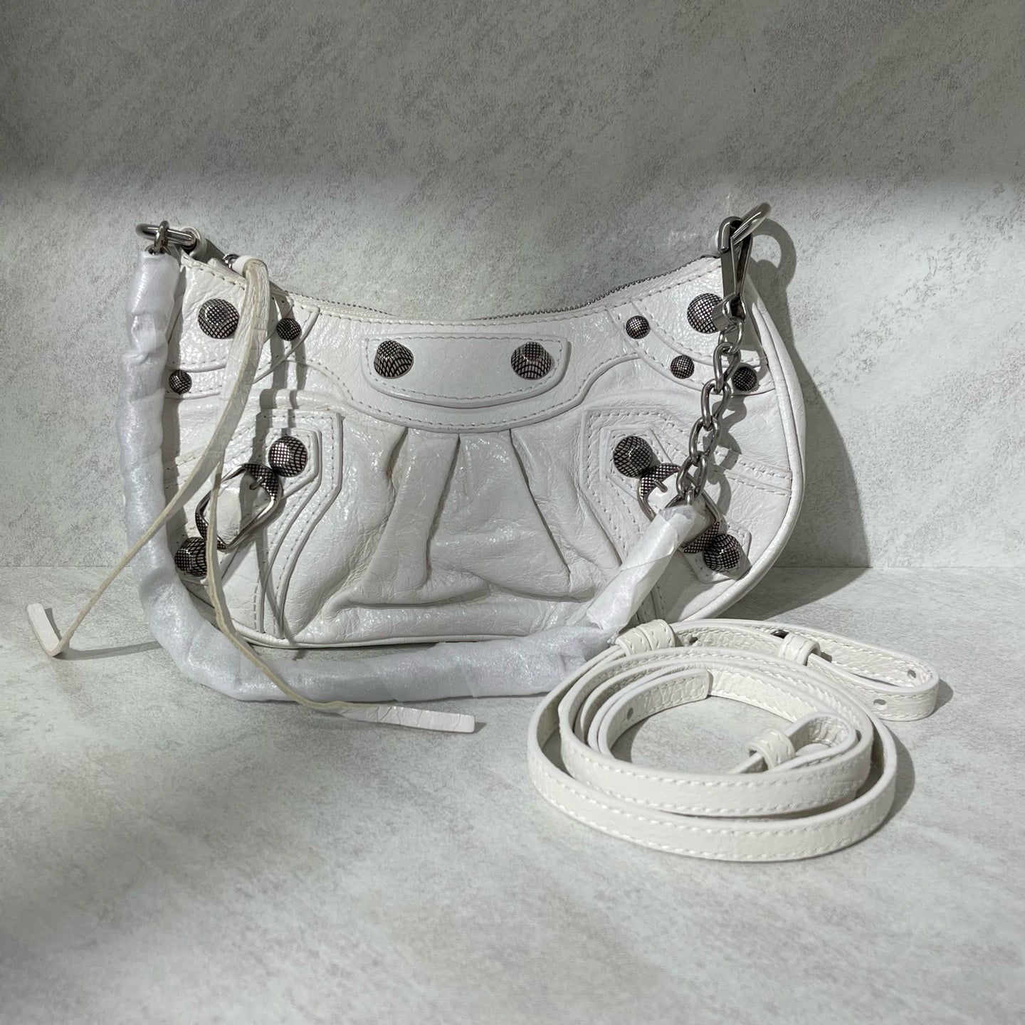 Balenciaga - Le Cagole Half-Moon Bag - Crinkled lambskin leather - White with Silver-Tone Hardware - (mini)