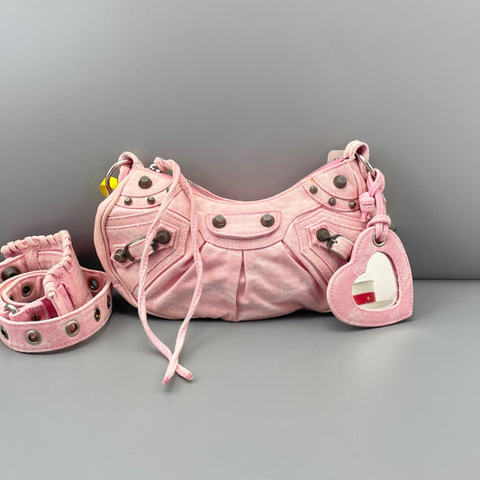 Balenciaga - Le Cagole Mini Shoulder Bag - Denim - Pink with Aged Silver-Tone Hardware - (mini)