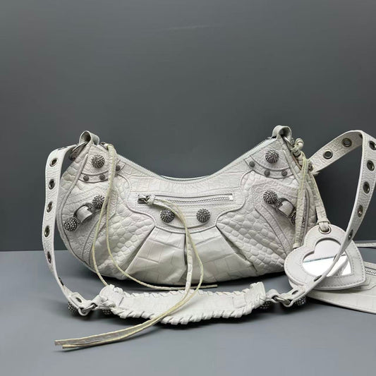 Balenciaga - Le Cagole Studded Crescent Bag - Crocodile-embossed leather - White - (medium)
