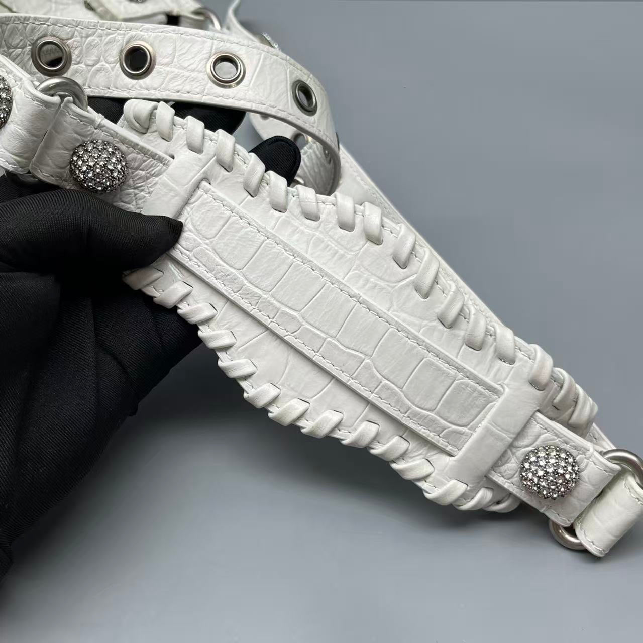 Balenciaga - Le Cagole Studded Crescent Bag - Crocodile-embossed leather - White - (medium)