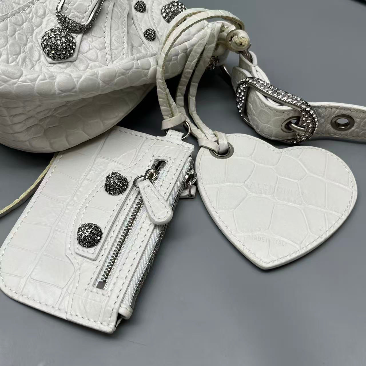 Balenciaga - Le Cagole Studded Crescent Bag - Crocodile-embossed leather - White - (medium)