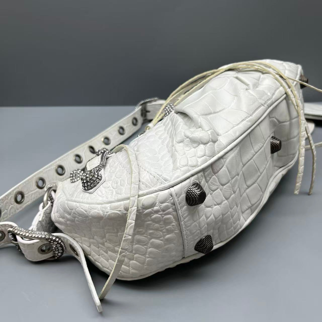 Balenciaga - Le Cagole Studded Crescent Bag - Crocodile-embossed leather - White - (medium)