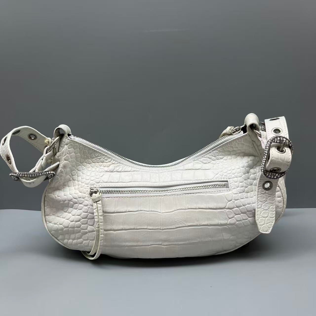 Balenciaga - Le Cagole Studded Crescent Bag - Crocodile-embossed leather - White - (medium)