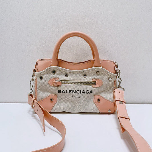 Balenciaga - Mini City Boston Bag - Canvas with leather trim - Pink and Natural Canvas with Silver-Tone Hardware - (mini)