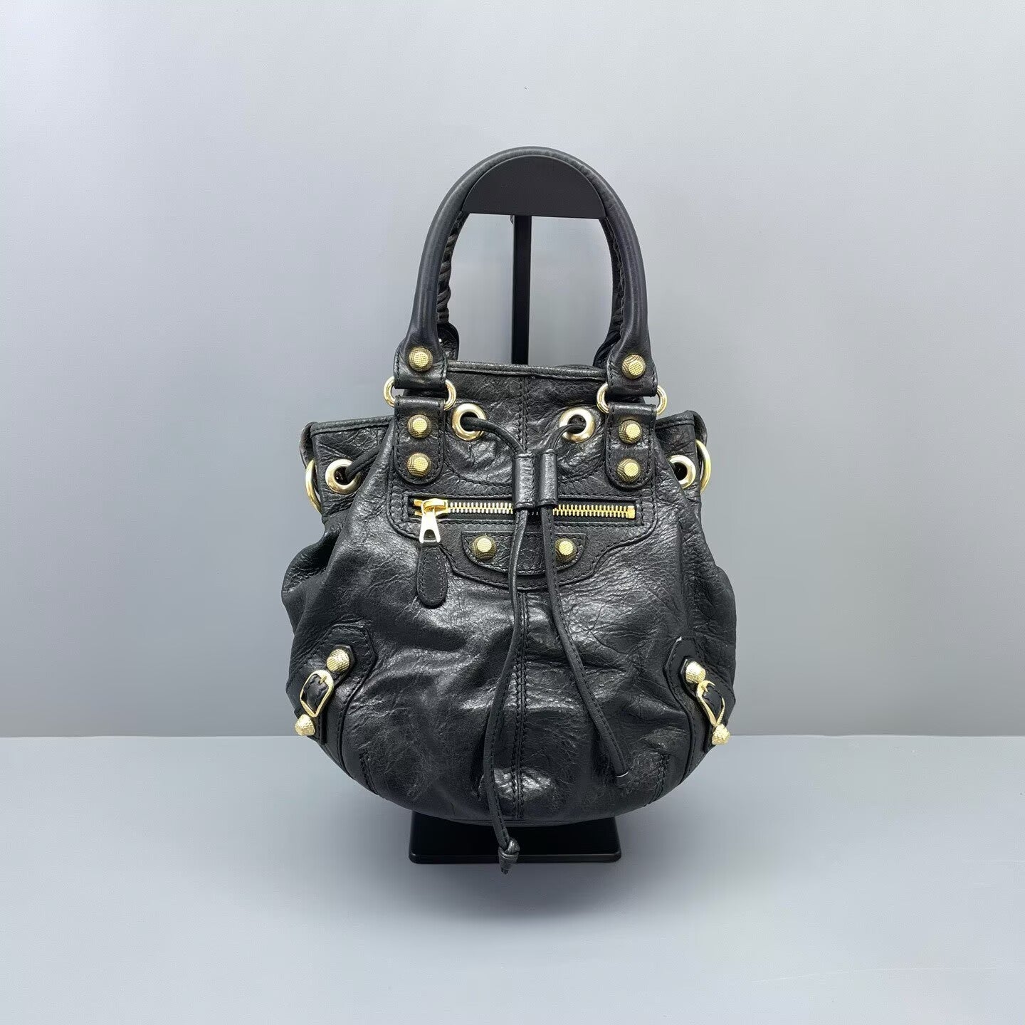 Balenciaga - Motorcycle Bucket Bag - Distressed lambskin leather - Black - (Small)
