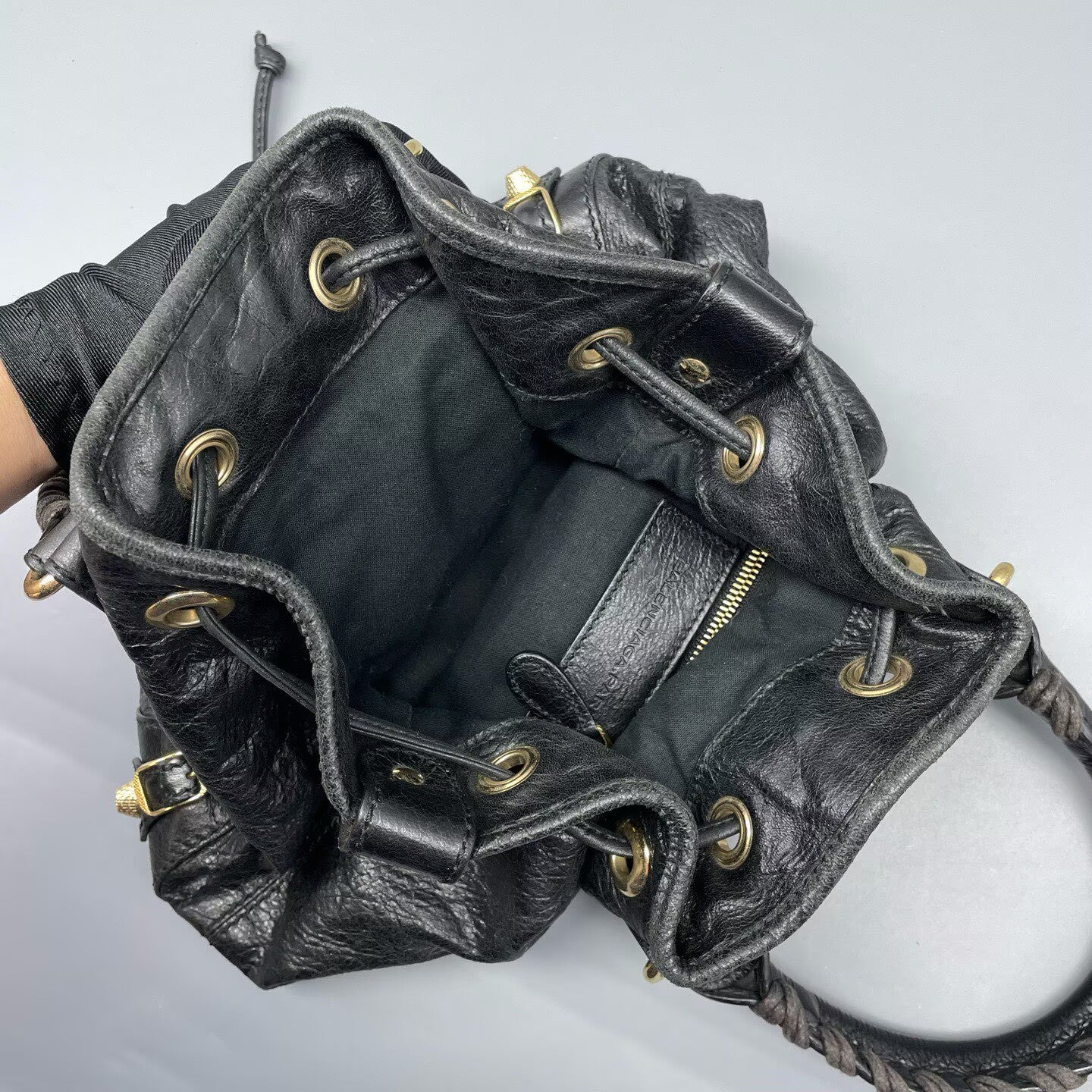 Balenciaga - Motorcycle Bucket Bag - Distressed lambskin leather - Black - (Small)