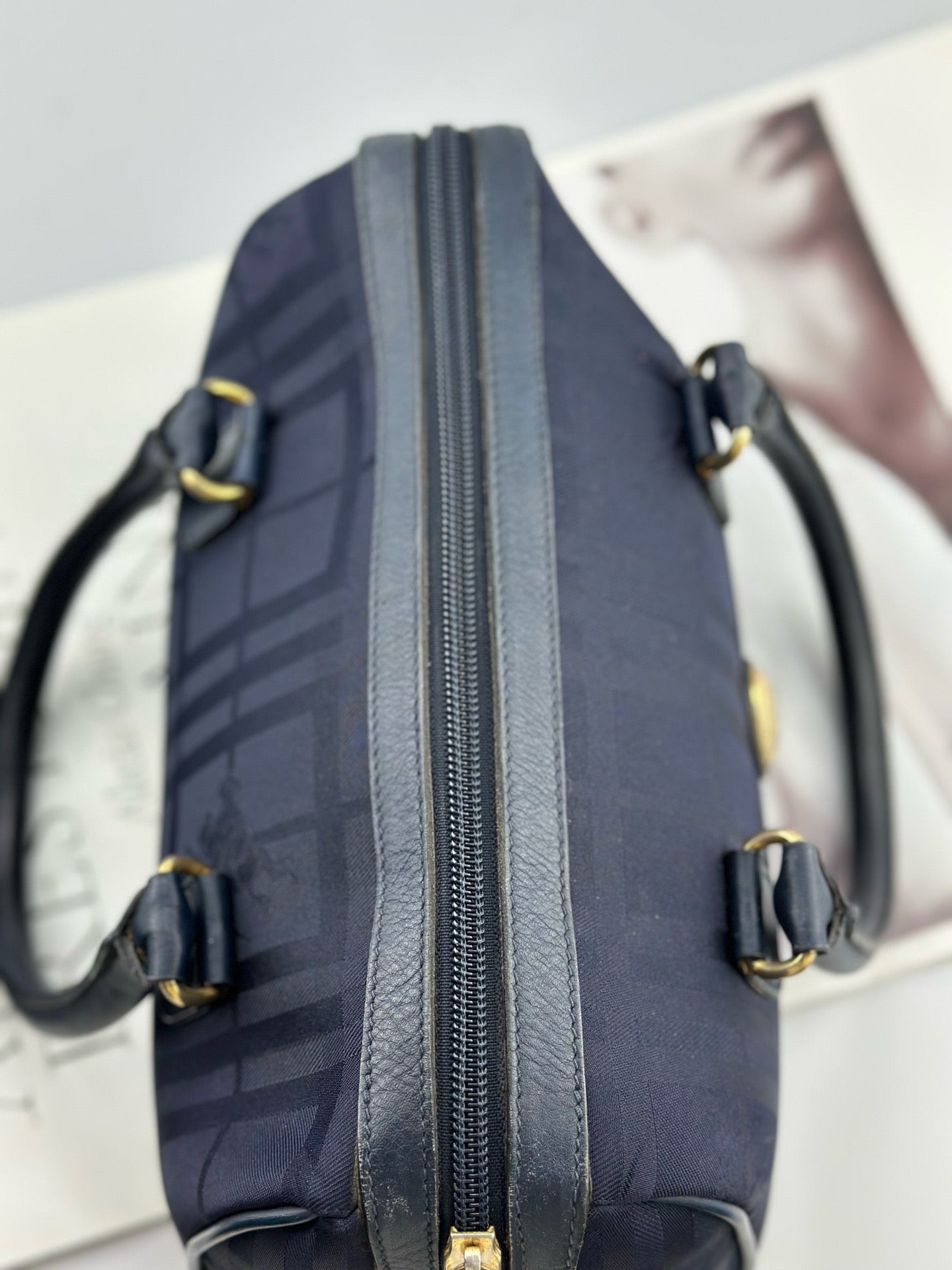 Burberry - Boston - Coated canvas with leather trim - Navy with gold-tone hardware - (small)
