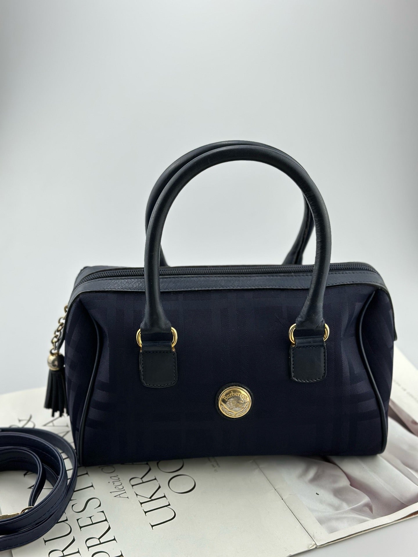 Burberry - Boston - Coated canvas with leather trim - Navy with gold-tone hardware - (small)