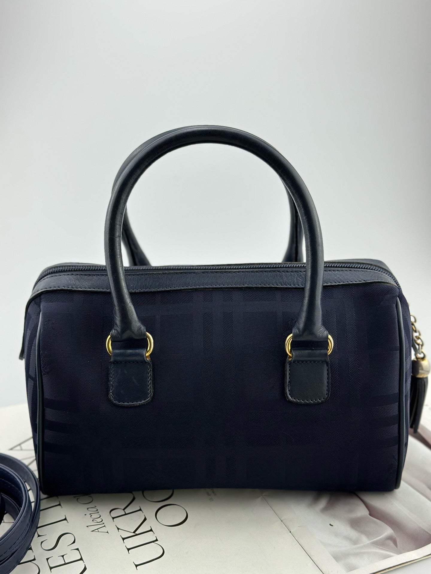 Burberry - Boston - Coated canvas with leather trim - Navy with gold-tone hardware - (small)